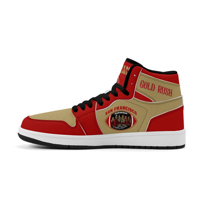 San Francisco football-inspired Jamrock High top sneakers in red and gold with Gold Rush collar text and Golden Gate Bridge skyline artwork inside a football
