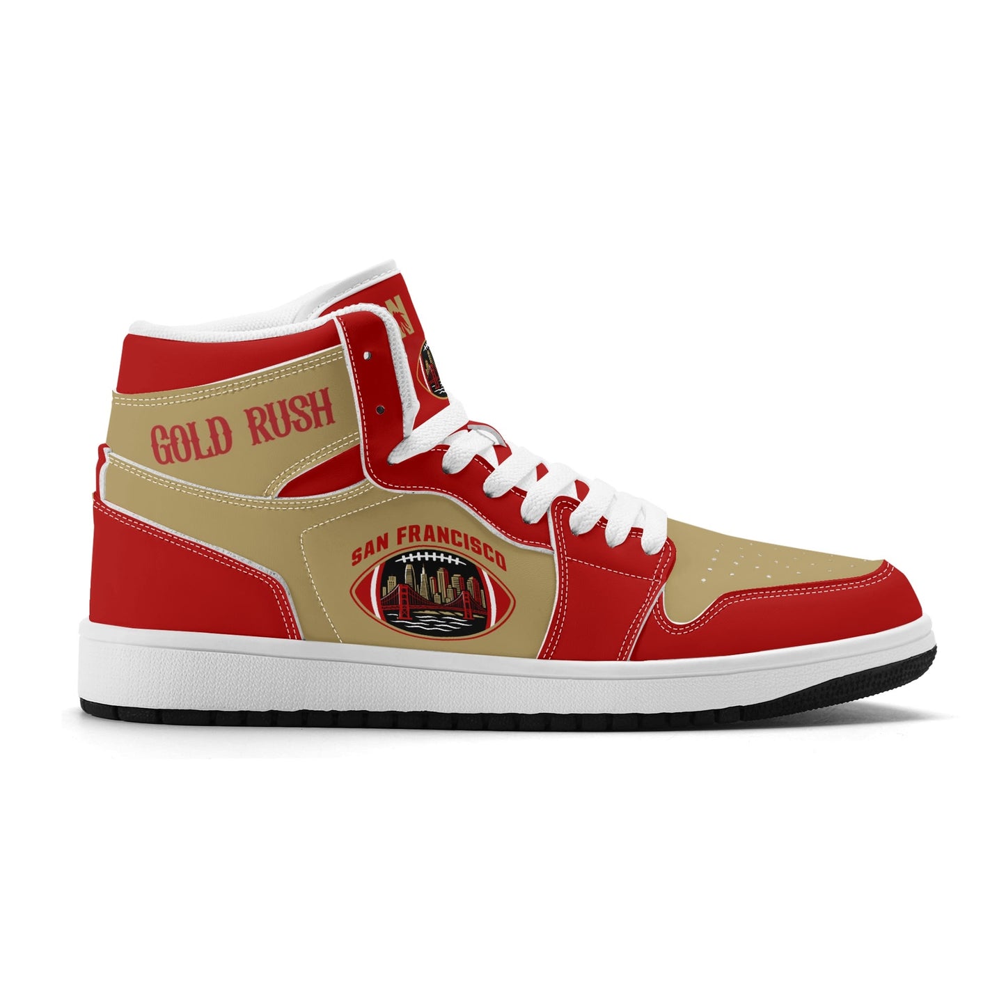 San Francisco football-inspired Jamrock High top sneakers in red and gold with Gold Rush collar text and Golden Gate Bridge skyline artwork inside a football
