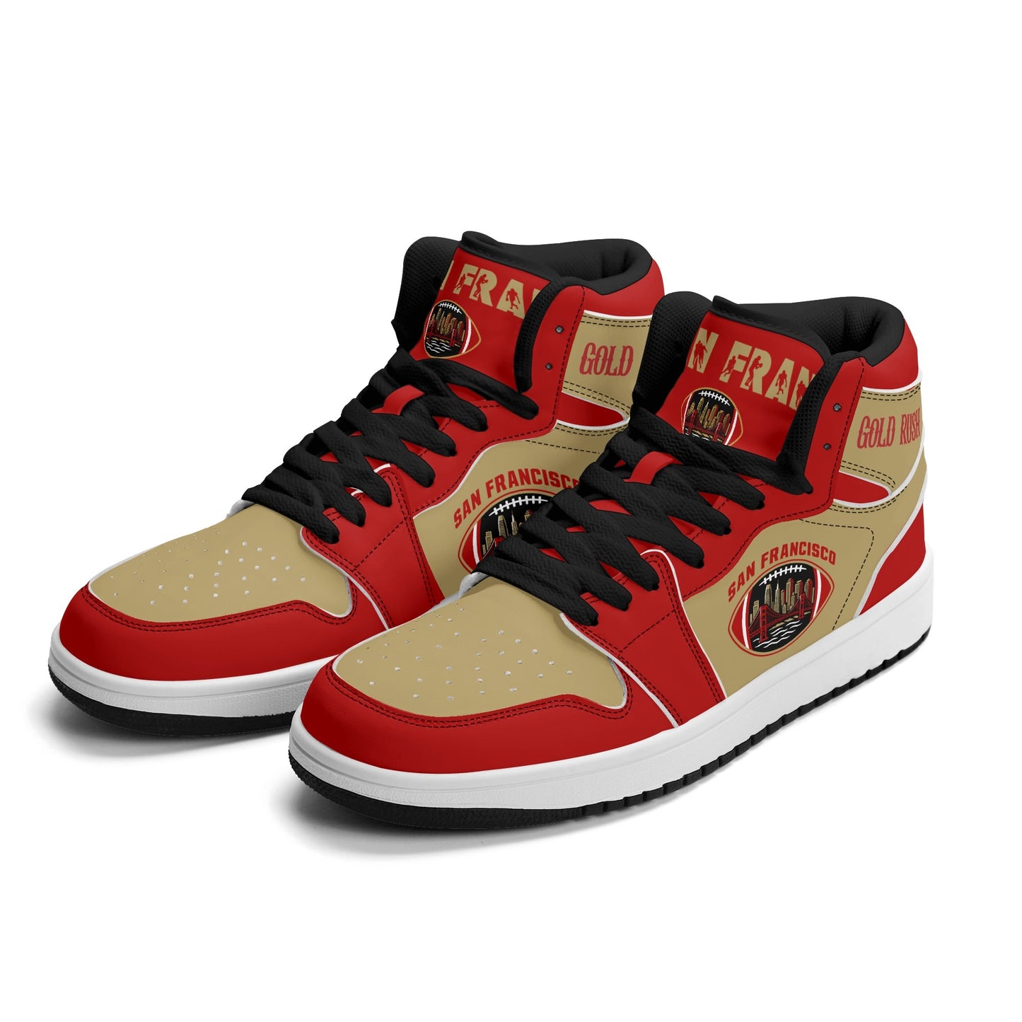 San Francisco football-inspired Jamrock High top sneakers in red and gold with Gold Rush collar text and Golden Gate Bridge skyline artwork inside a football
