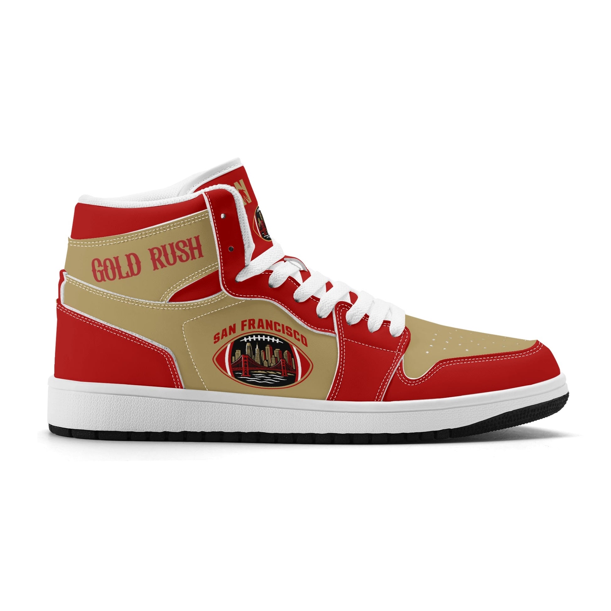 San Francisco football-inspired Jamrock High top sneakers in red and gold with Gold Rush collar text and Golden Gate Bridge skyline artwork inside a football