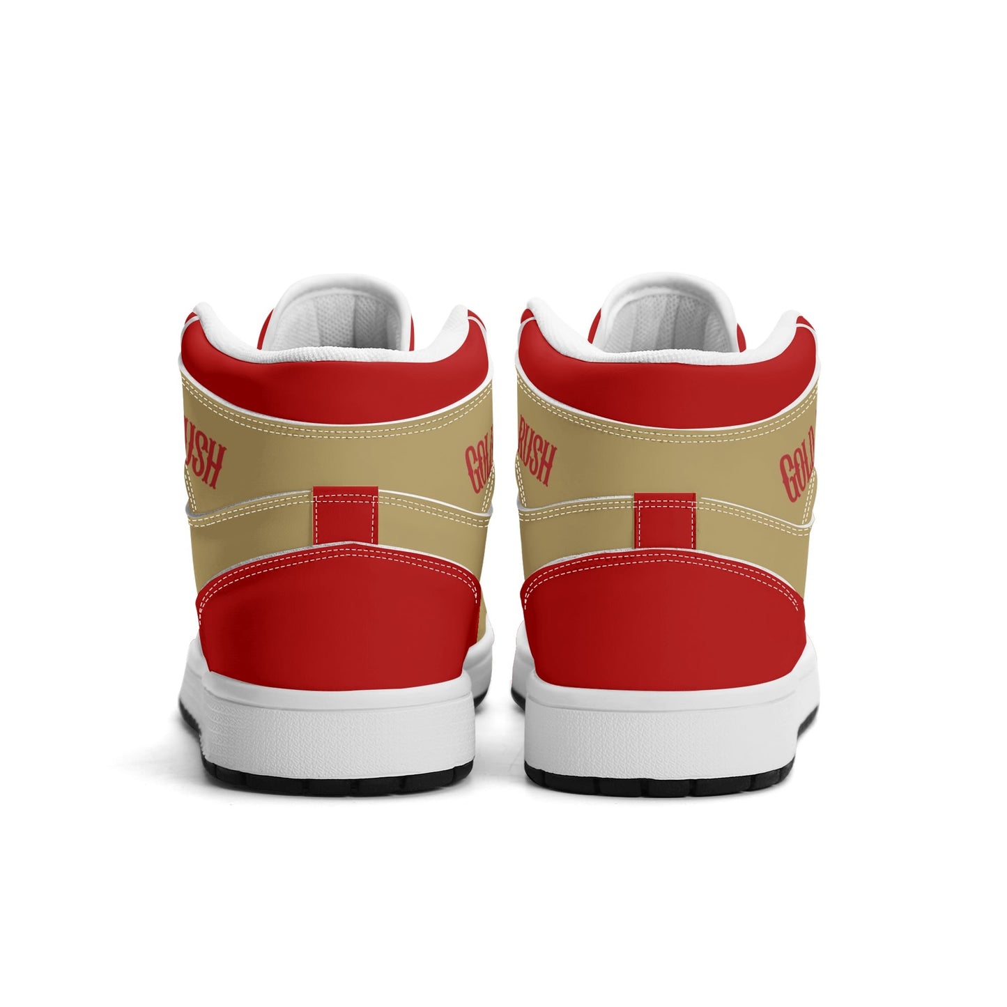 San Francisco football-inspired Jamrock High top sneakers in red and gold with Gold Rush collar text and Golden Gate Bridge skyline artwork inside a football