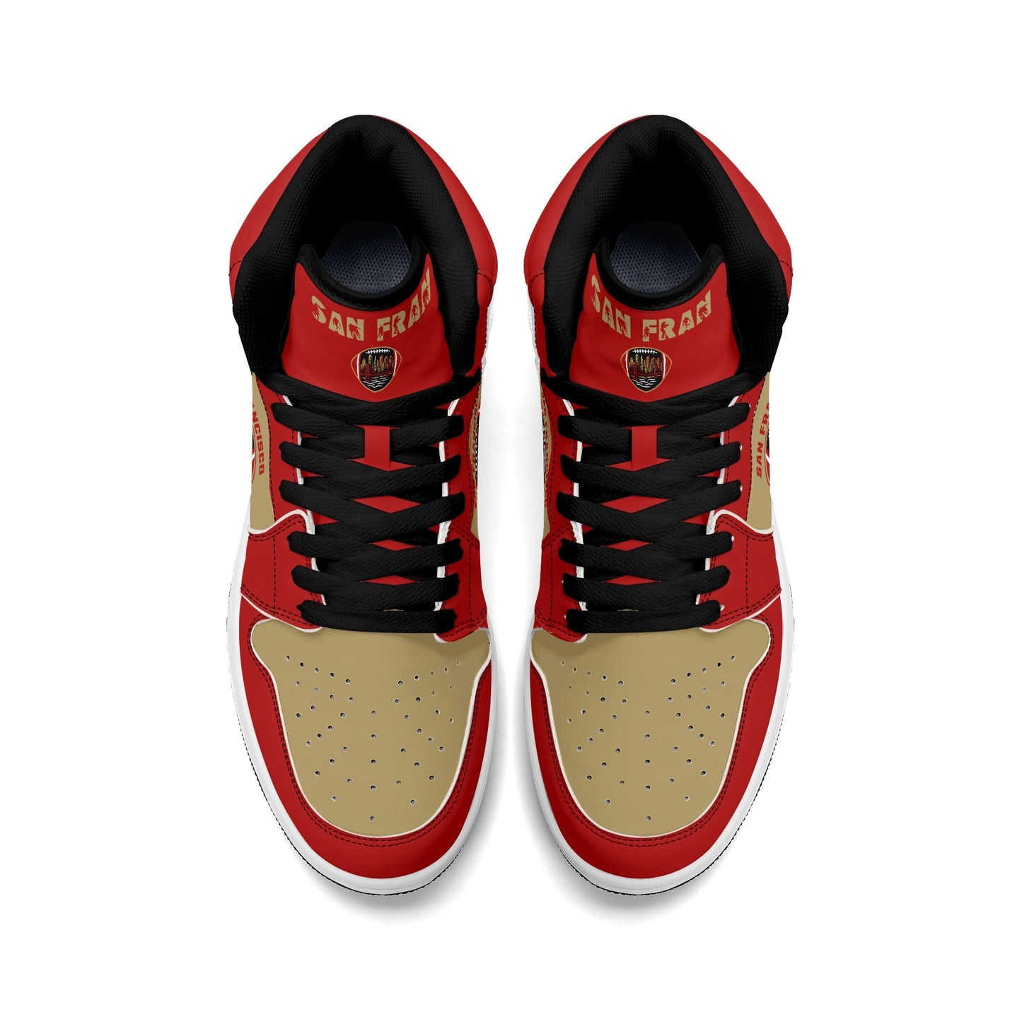 San Francisco football-inspired Jamrock High top sneakers in red and gold with Gold Rush collar text and Golden Gate Bridge skyline artwork inside a football