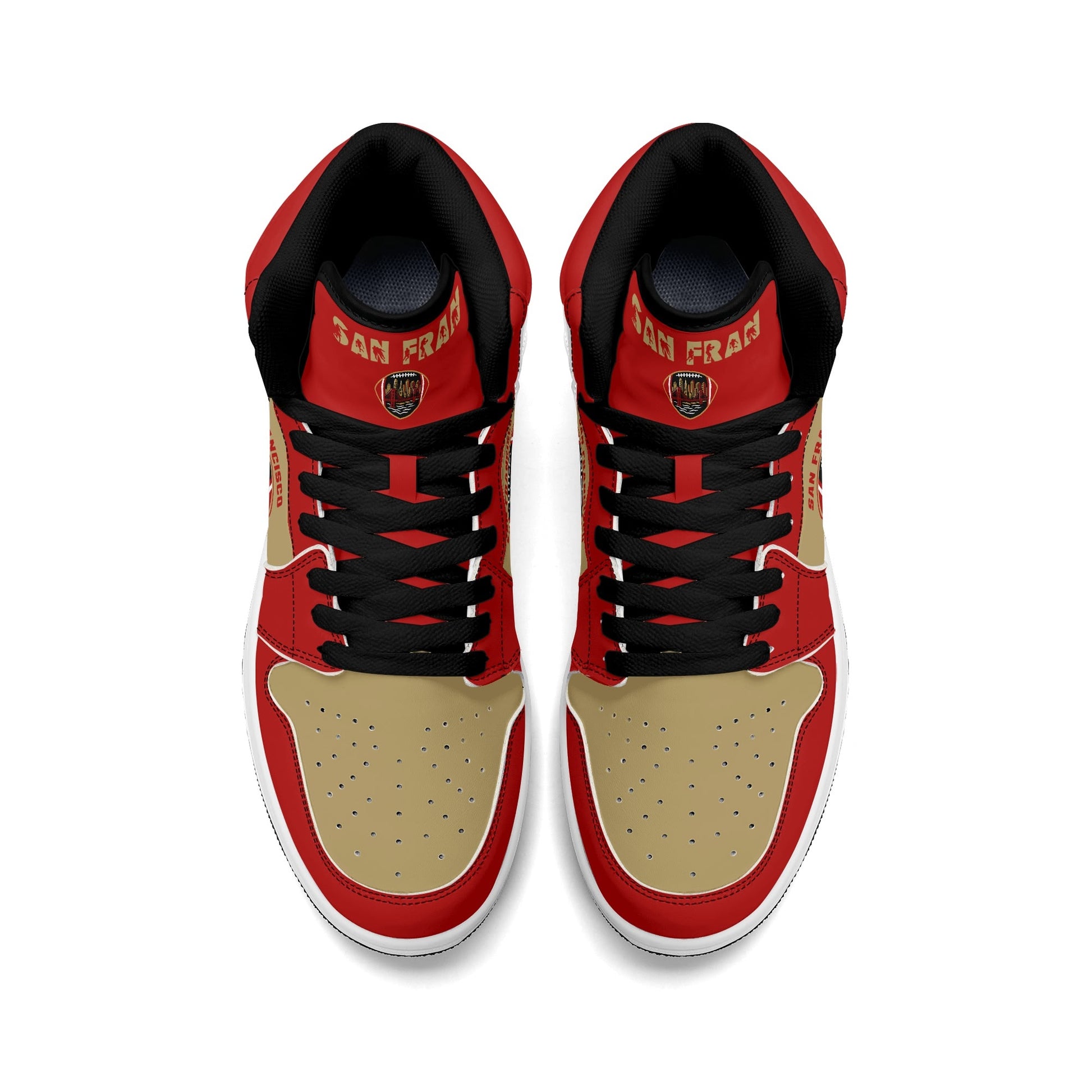 San Francisco football-inspired Jamrock High top sneakers in red and gold with Gold Rush collar text and Golden Gate Bridge skyline artwork inside a football