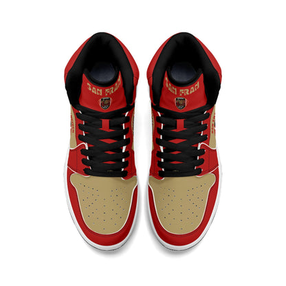 San Francisco football-inspired Jamrock High top sneakers in red and gold with Gold Rush collar text and Golden Gate Bridge skyline artwork inside a football