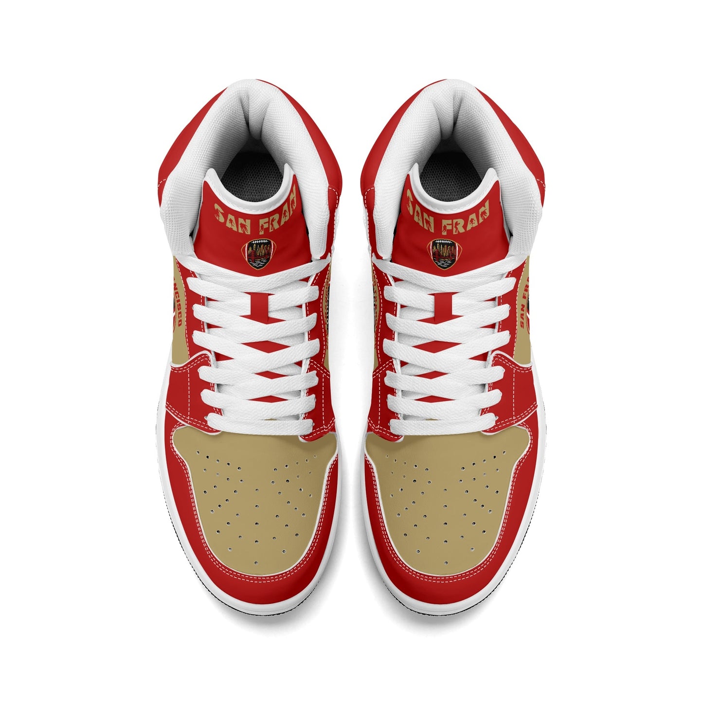 San Francisco football-inspired Jamrock High top sneakers in red and gold with Gold Rush collar text and Golden Gate Bridge skyline artwork inside a football