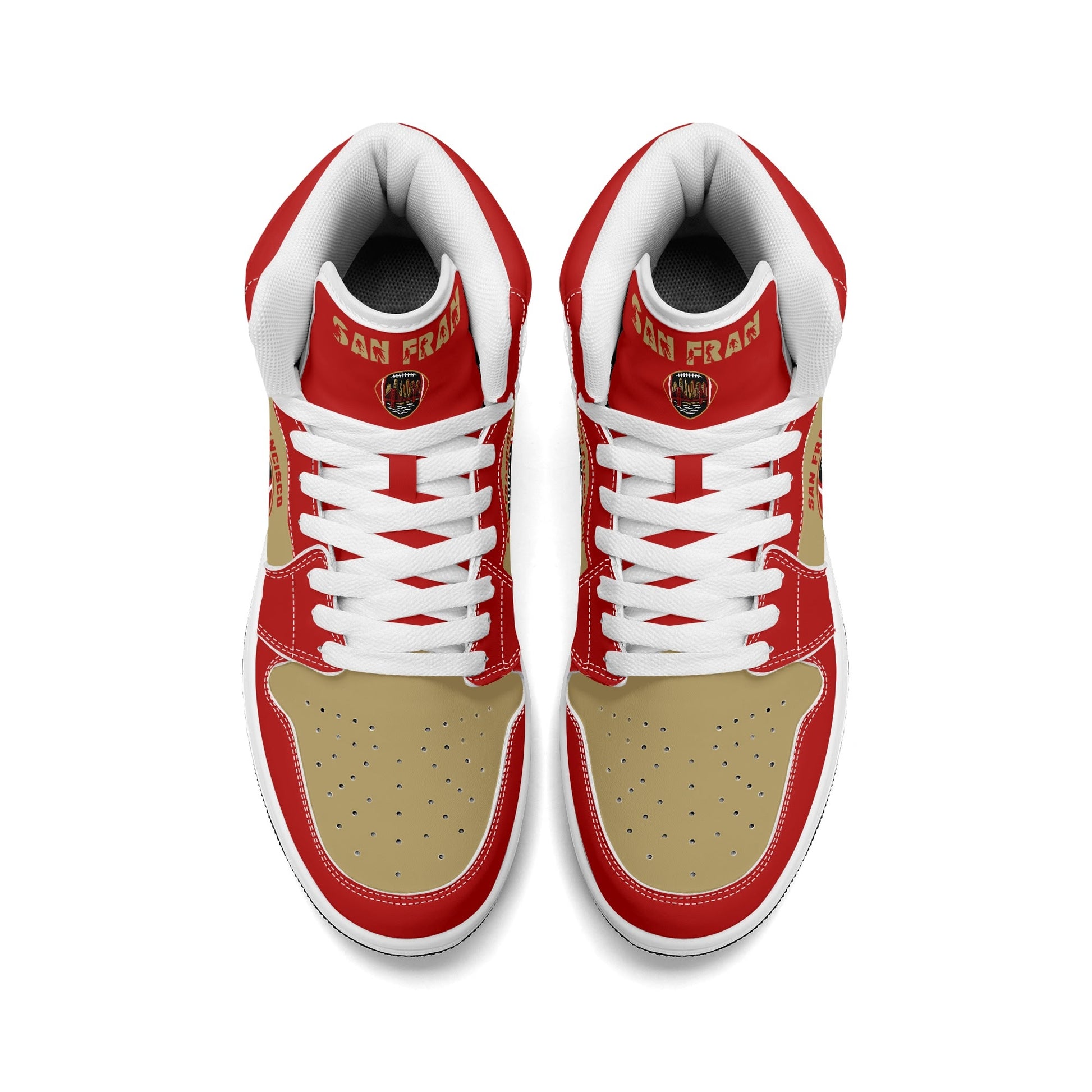 San Francisco football-inspired Jamrock High top sneakers in red and gold with Gold Rush collar text and Golden Gate Bridge skyline artwork inside a football
