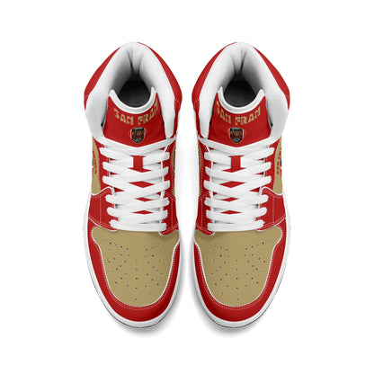 San Francisco football-inspired Jamrock High top sneakers in red and gold with Gold Rush collar text and Golden Gate Bridge skyline artwork inside a football