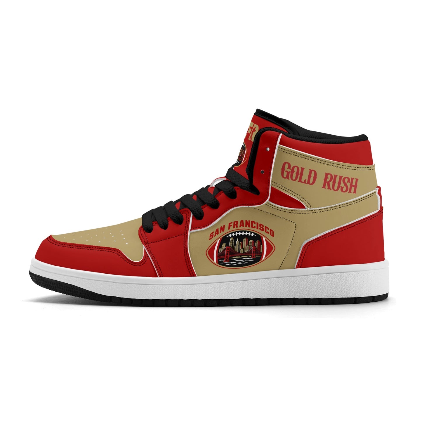 San Francisco football-inspired Jamrock High top sneakers in red and gold with Gold Rush collar text and Golden Gate Bridge skyline artwork inside a football