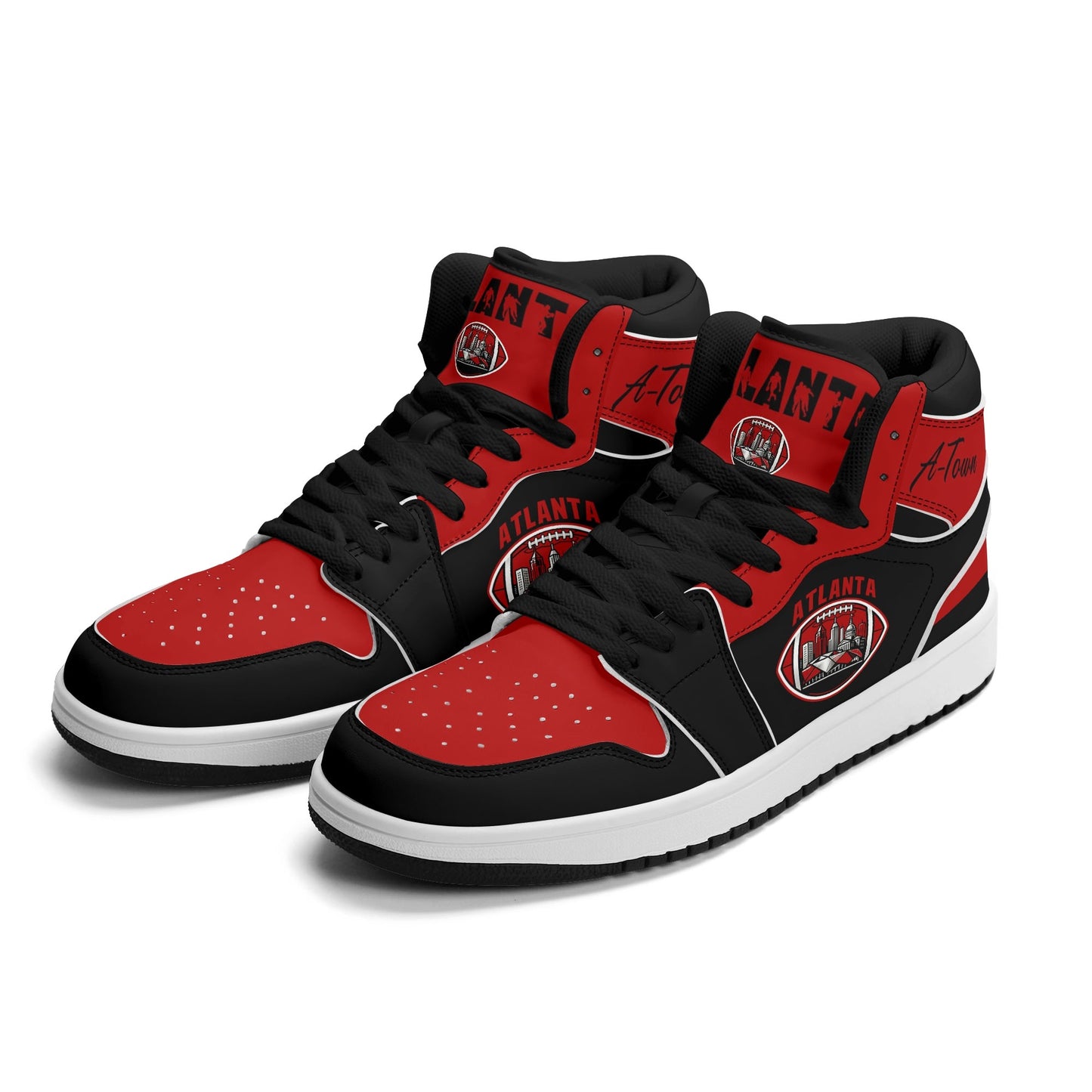Atlanta football-inspired Jamrock High top sneakers in black and red with A-Town script collar and skyline artwork inside a football