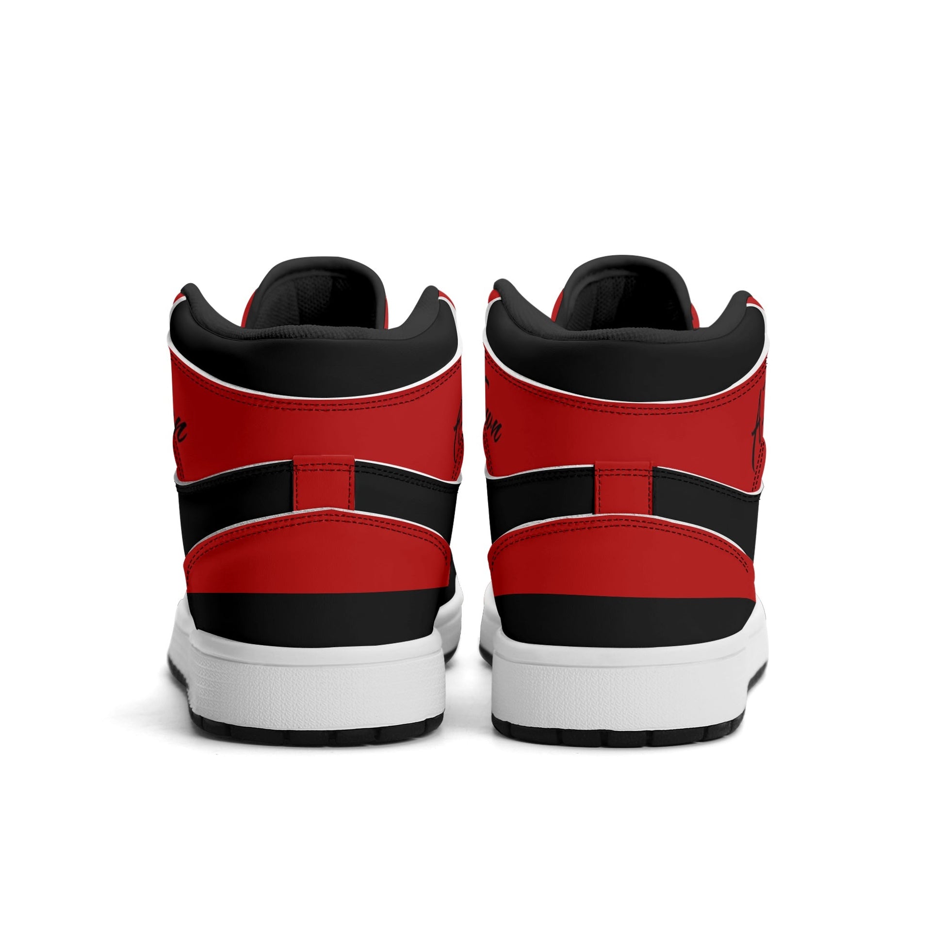 Atlanta football-inspired Jamrock High top sneakers in black and red with A-Town script collar and skyline artwork inside a football