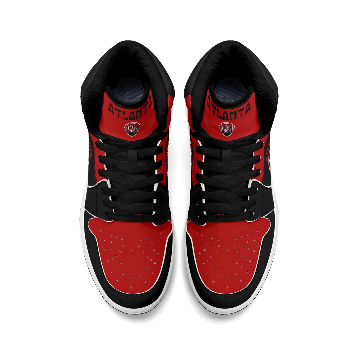 Atlanta football-inspired Jamrock High top sneakers in black and red with A-Town script collar and skyline artwork inside a football
