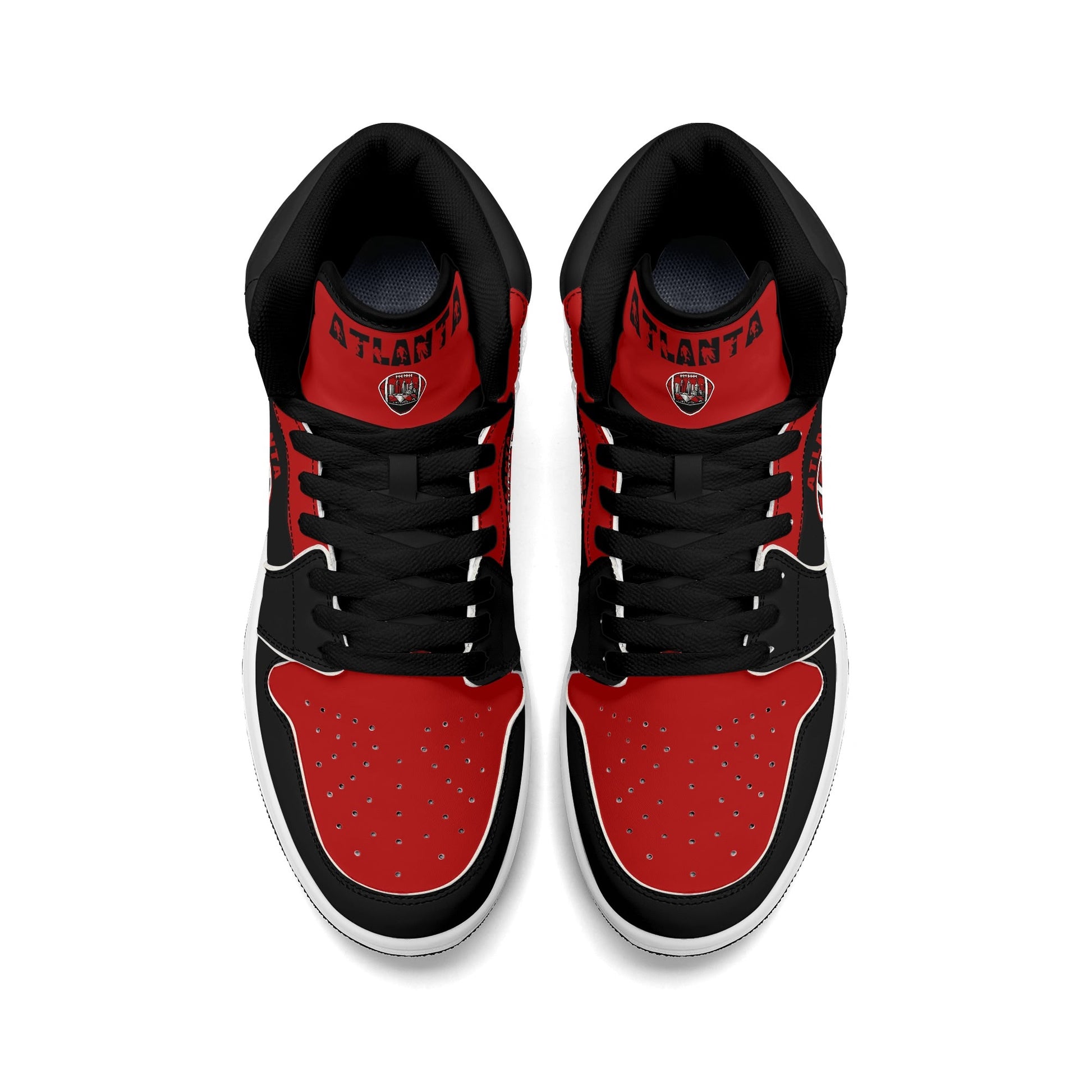 Atlanta football-inspired Jamrock High top sneakers in black and red with A-Town script collar and skyline artwork inside a football