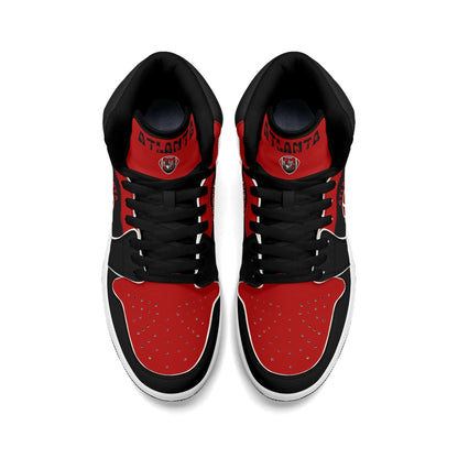 Atlanta football-inspired Jamrock High top sneakers in black and red with A-Town script collar and skyline artwork inside a football