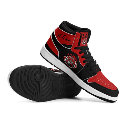 Atlanta football-inspired Jamrock High top sneakers in black and red with A-Town script collar and skyline artwork inside a football
