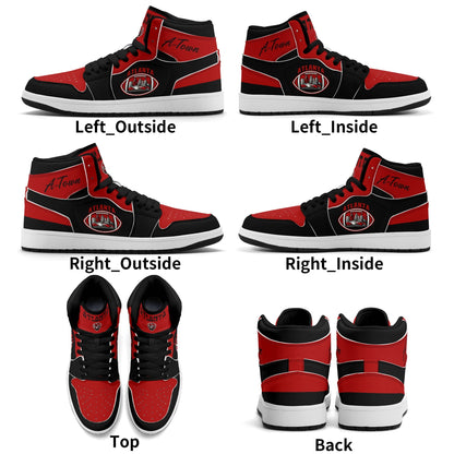Atlanta football-inspired Jamrock High top sneakers in black and red with A-Town script collar and skyline artwork inside a football