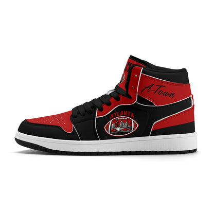 Atlanta football-inspired Jamrock High top sneakers in black and red with A-Town script collar and skyline artwork inside a football