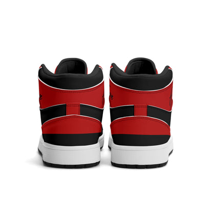 Atlanta football-inspired Jamrock High top sneakers in black and red with A-Town script collar and skyline artwork inside a football