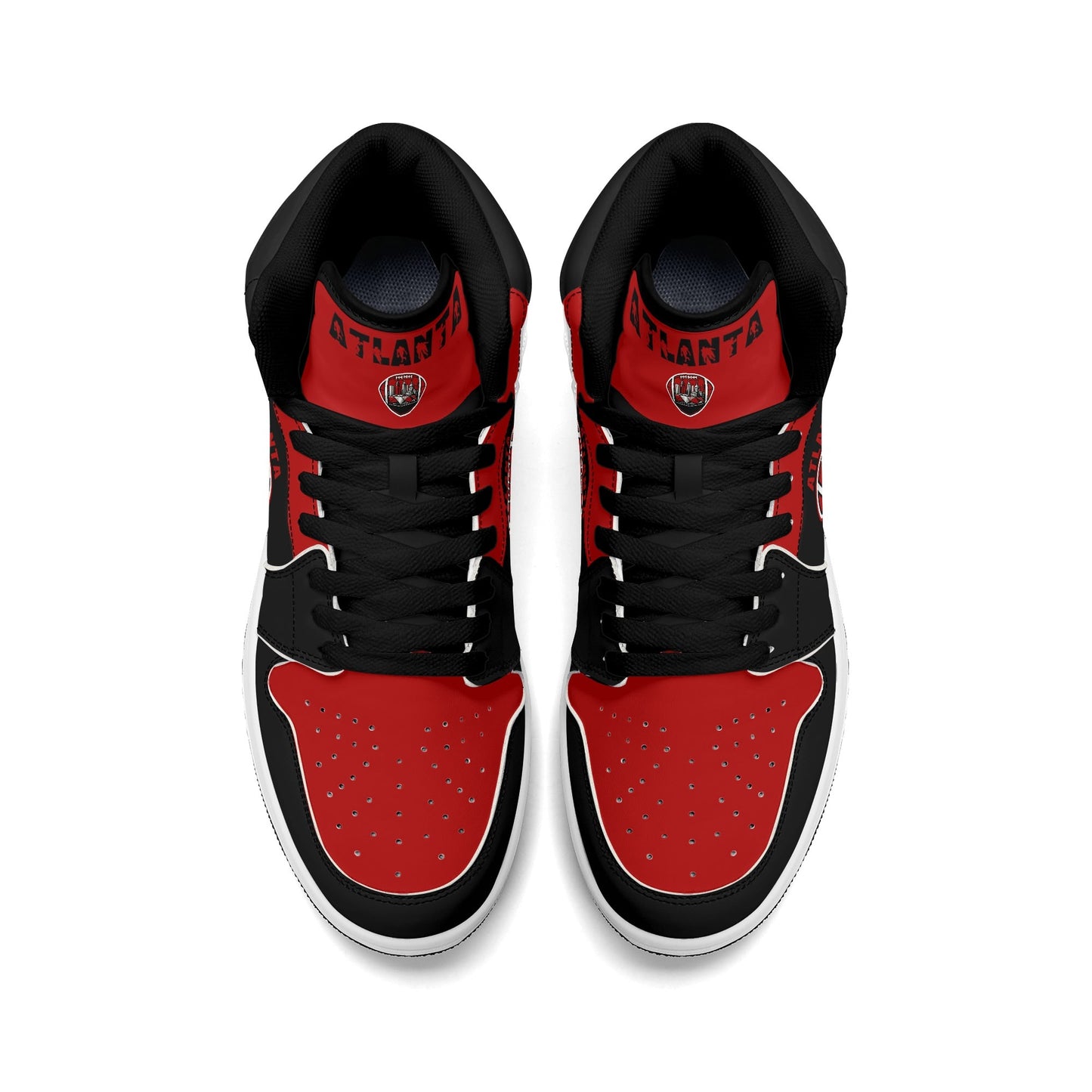 Atlanta football-inspired Jamrock High top sneakers in black and red with A-Town script collar and skyline artwork inside a football