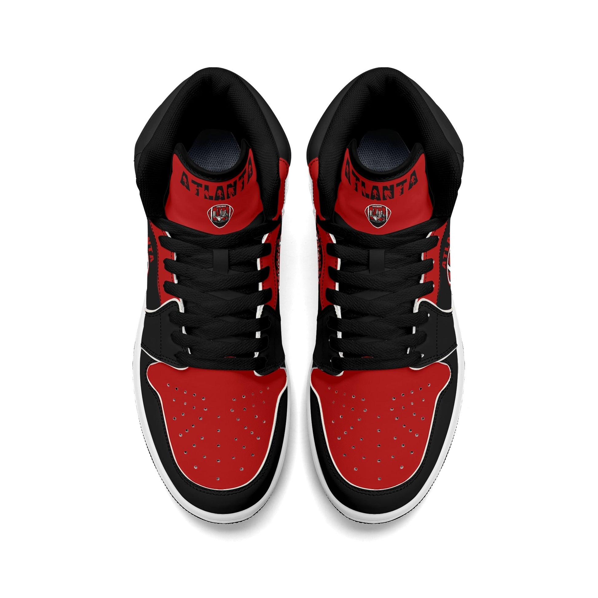 Atlanta football-inspired Jamrock High top sneakers in black and red with A-Town script collar and skyline artwork inside a football