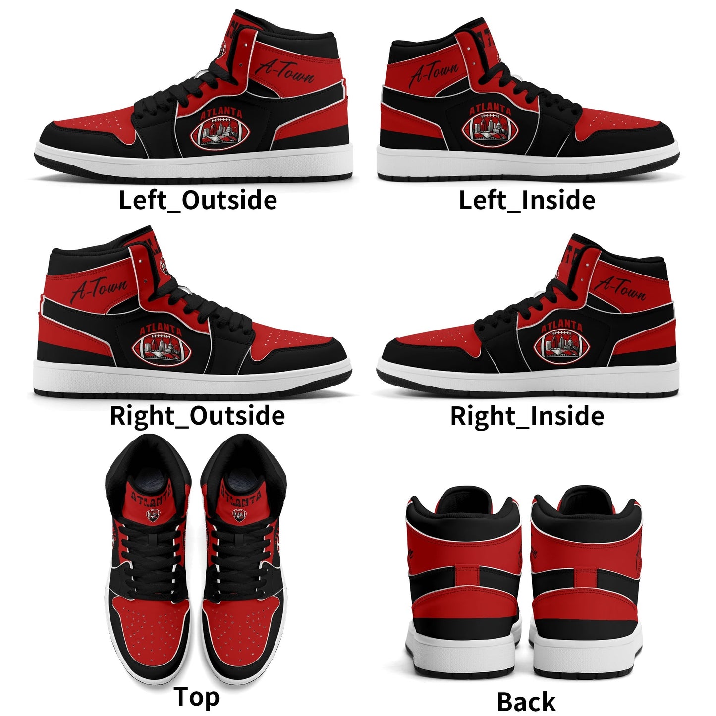 Atlanta football-inspired Jamrock High top sneakers in black and red with A-Town script collar and skyline artwork inside a football