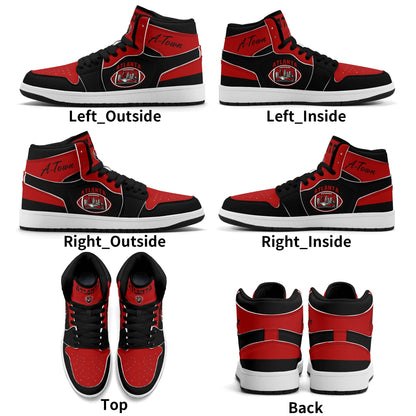Atlanta football-inspired Jamrock High top sneakers in black and red with A-Town script collar and skyline artwork inside a football