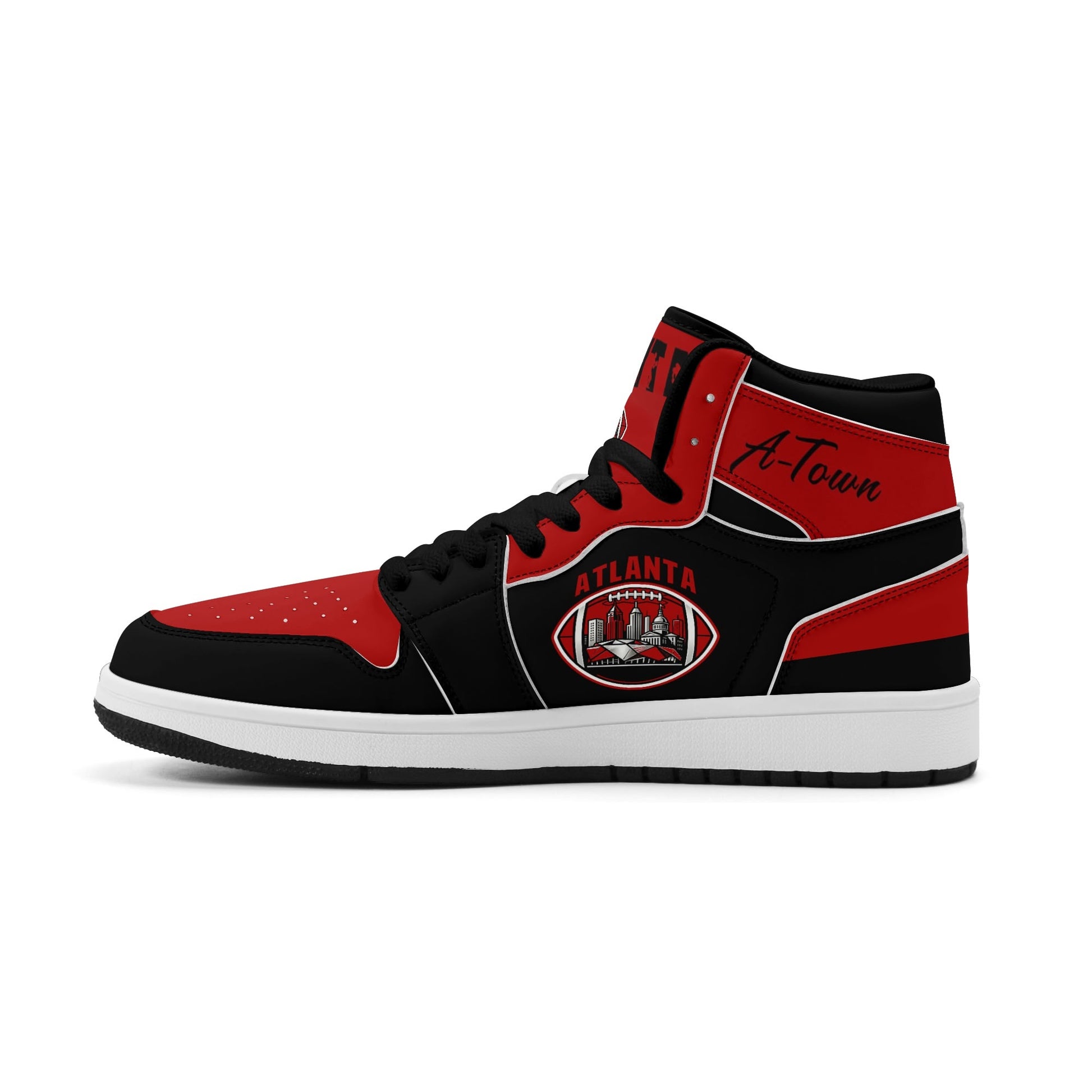 Atlanta football-inspired Jamrock High top sneakers in black and red with A-Town script collar and skyline artwork inside a football