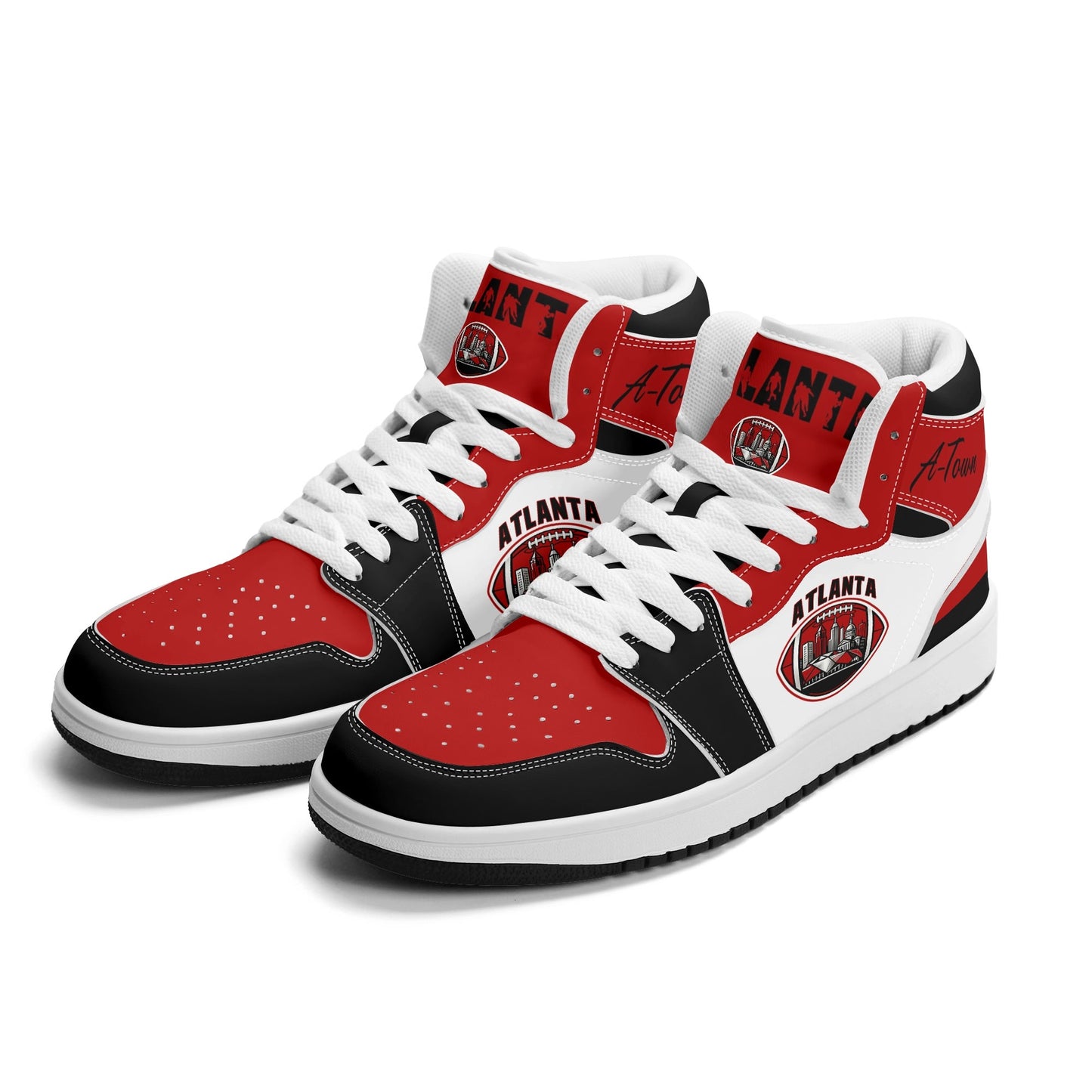 Atlanta football-inspired Jamrock High top sneakers in red, black and white with A-Town script collar and skyline artwork inside a football