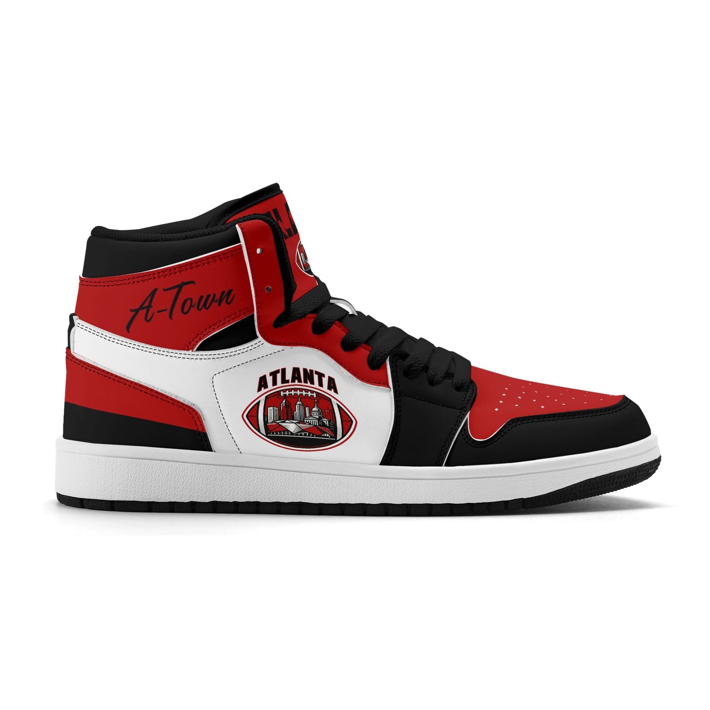 Atlanta football-inspired Jamrock High top sneakers in red, black and white with A-Town script collar and skyline artwork inside a football