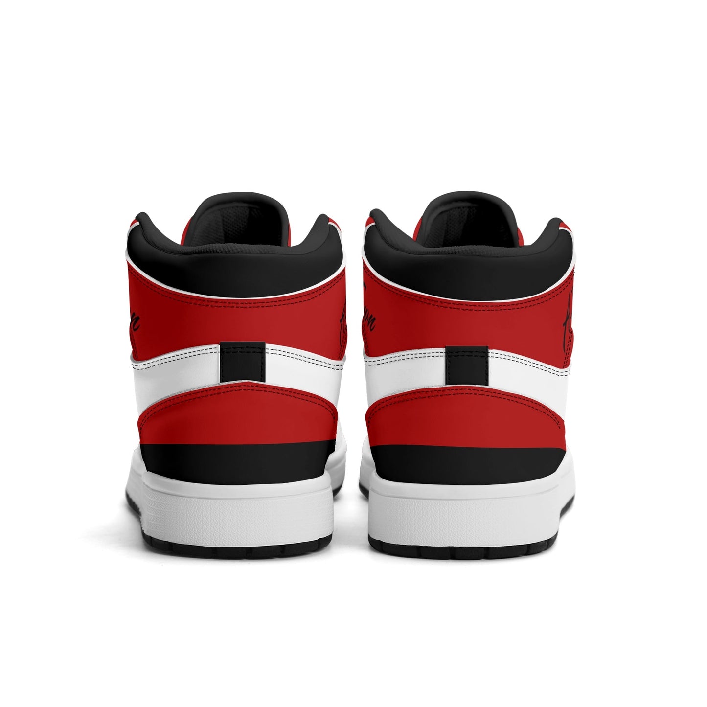 Atlanta football-inspired Jamrock High top sneakers in red, black and white with A-Town script collar and skyline artwork inside a football