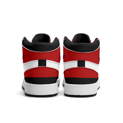 Atlanta football-inspired Jamrock High top sneakers in red, black and white with A-Town script collar and skyline artwork inside a football