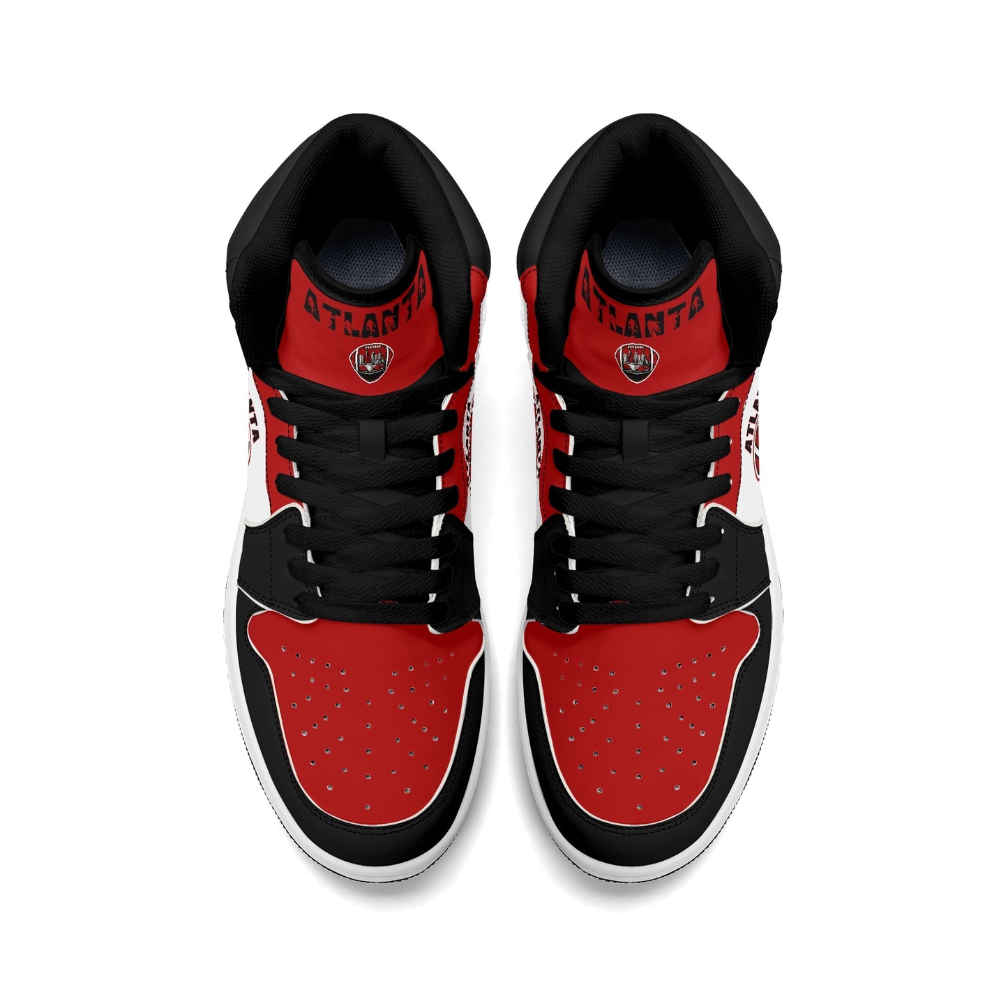 Atlanta football-inspired Jamrock High top sneakers in red, black and white with A-Town script collar and skyline artwork inside a football