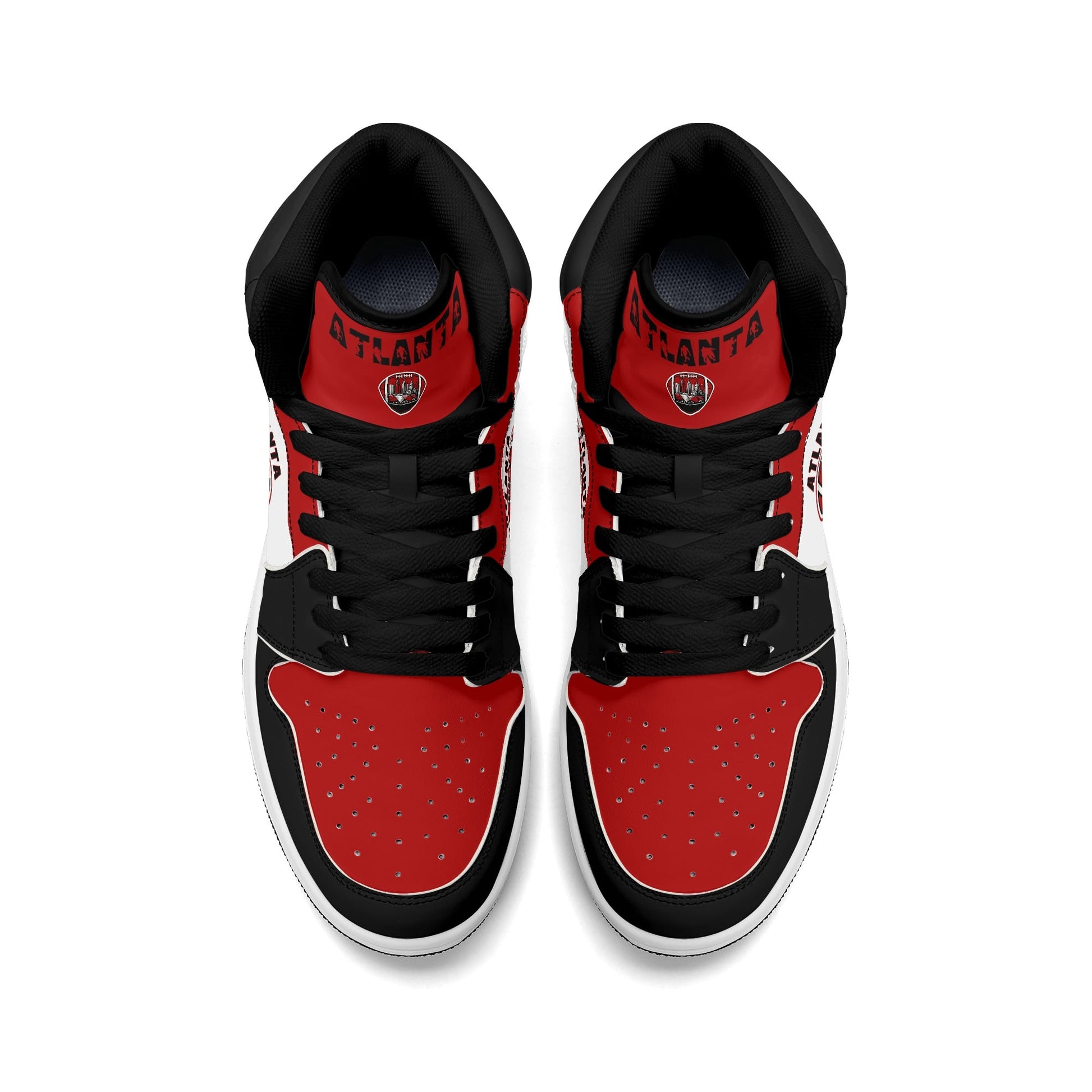Atlanta football-inspired Jamrock High top sneakers in red, black and white with A-Town script collar and skyline artwork inside a football