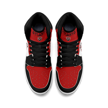 Atlanta football-inspired Jamrock High top sneakers in red, black and white with A-Town script collar and skyline artwork inside a football