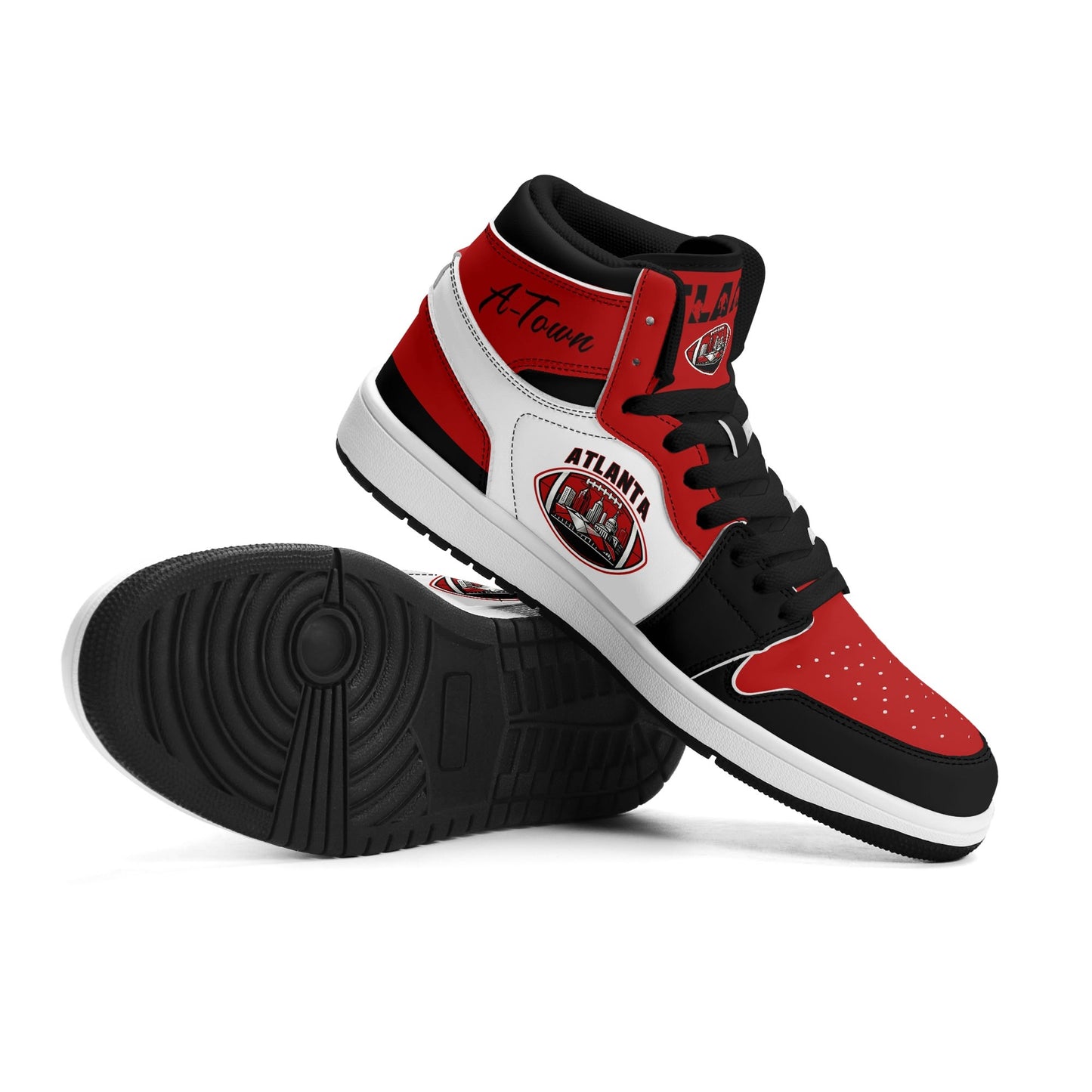 Atlanta football-inspired Jamrock High top sneakers in red, black and white with A-Town script collar and skyline artwork inside a football