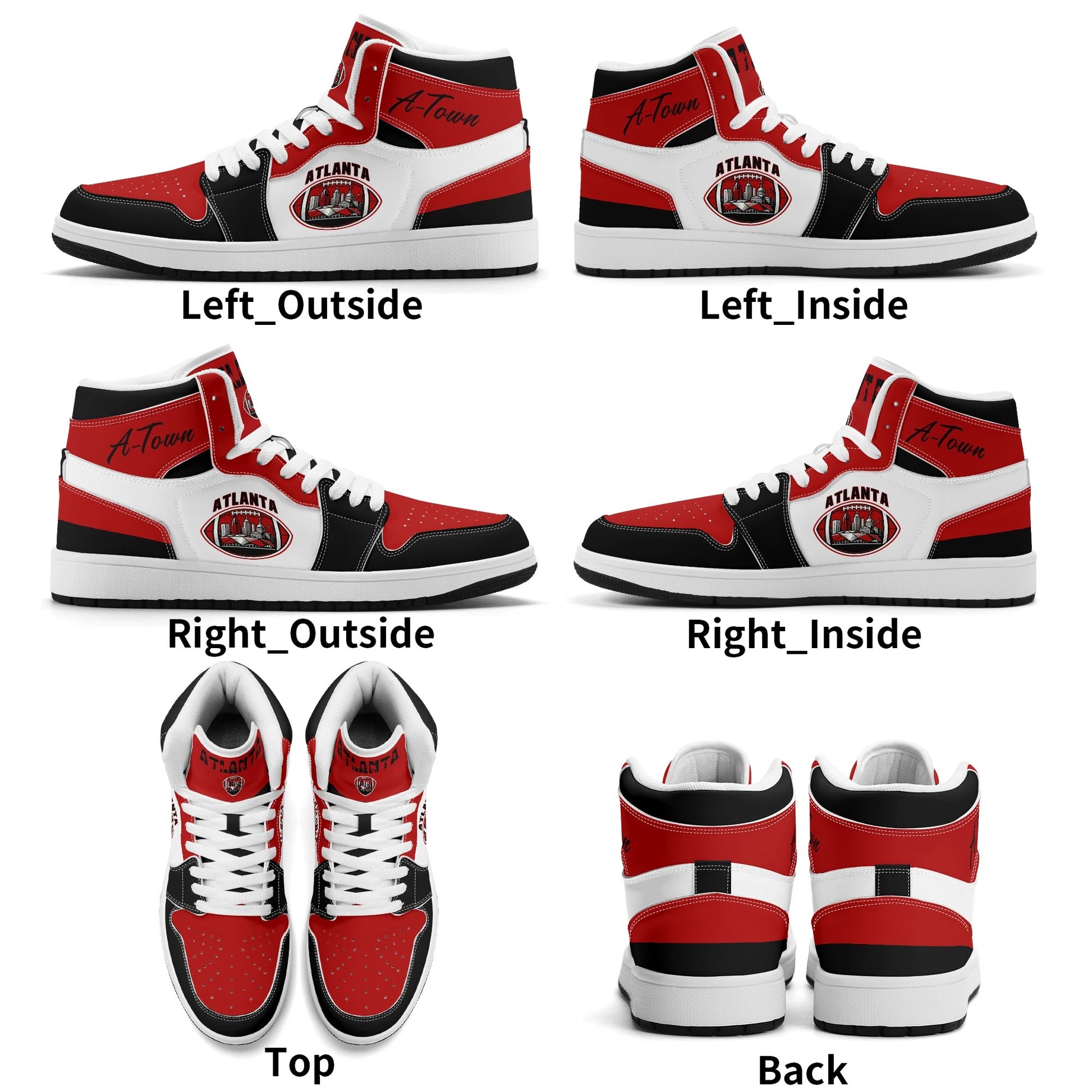Atlanta football-inspired Jamrock High top sneakers in red, black and white with A-Town script collar and skyline artwork inside a football