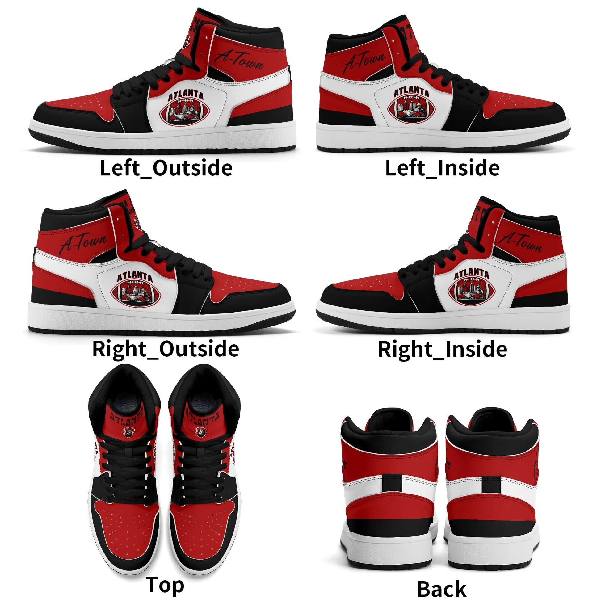 Atlanta football-inspired Jamrock High top sneakers in red, black and white with A-Town script collar and skyline artwork inside a football