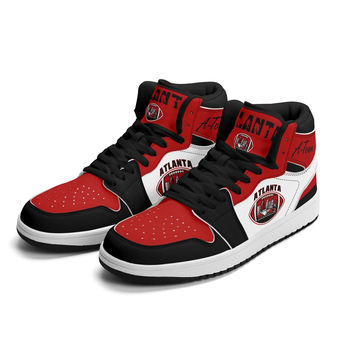 Atlanta football-inspired Jamrock High top sneakers in red, black and white with A-Town script collar and skyline artwork inside a football