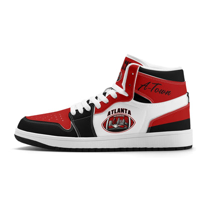 Atlanta football-inspired Jamrock High top sneakers in red, black and white with A-Town script collar and skyline artwork inside a football