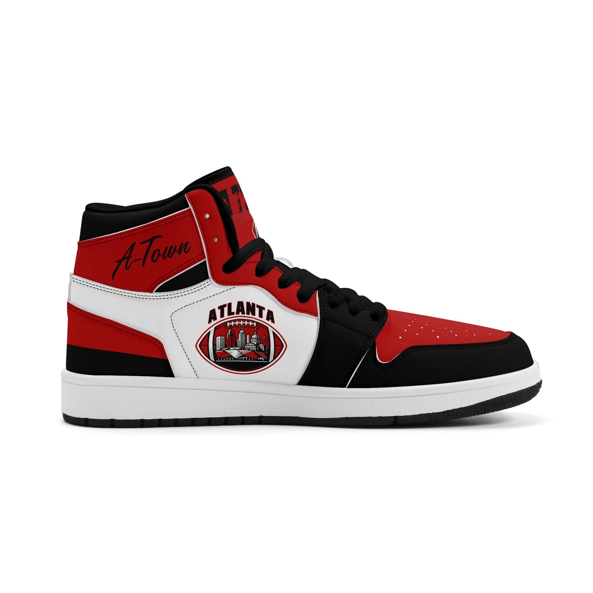 Atlanta football-inspired Jamrock High top sneakers in red, black and white with A-Town script collar and skyline artwork inside a football