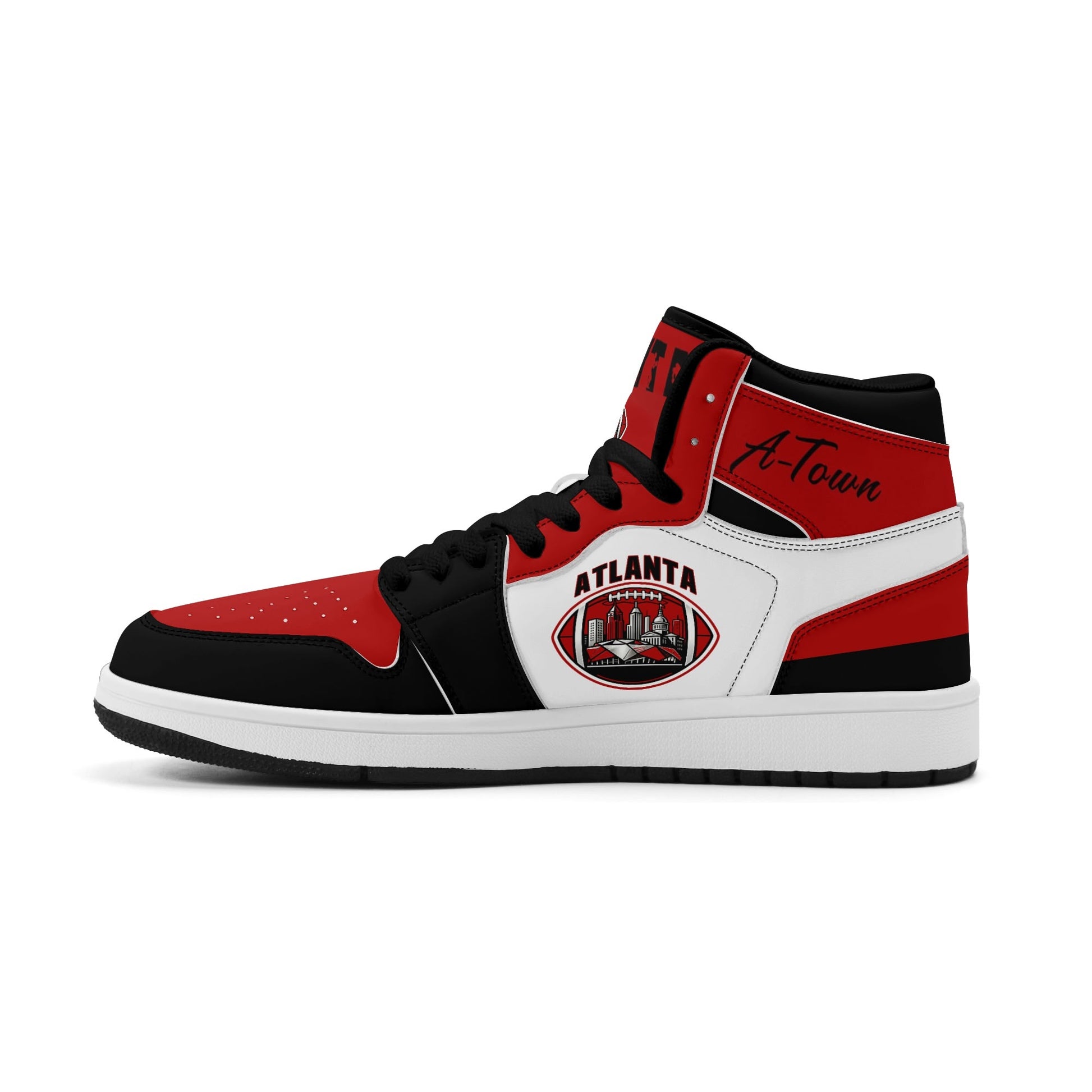 Atlanta football-inspired Jamrock High top sneakers in red, black and white with A-Town script collar and skyline artwork inside a football