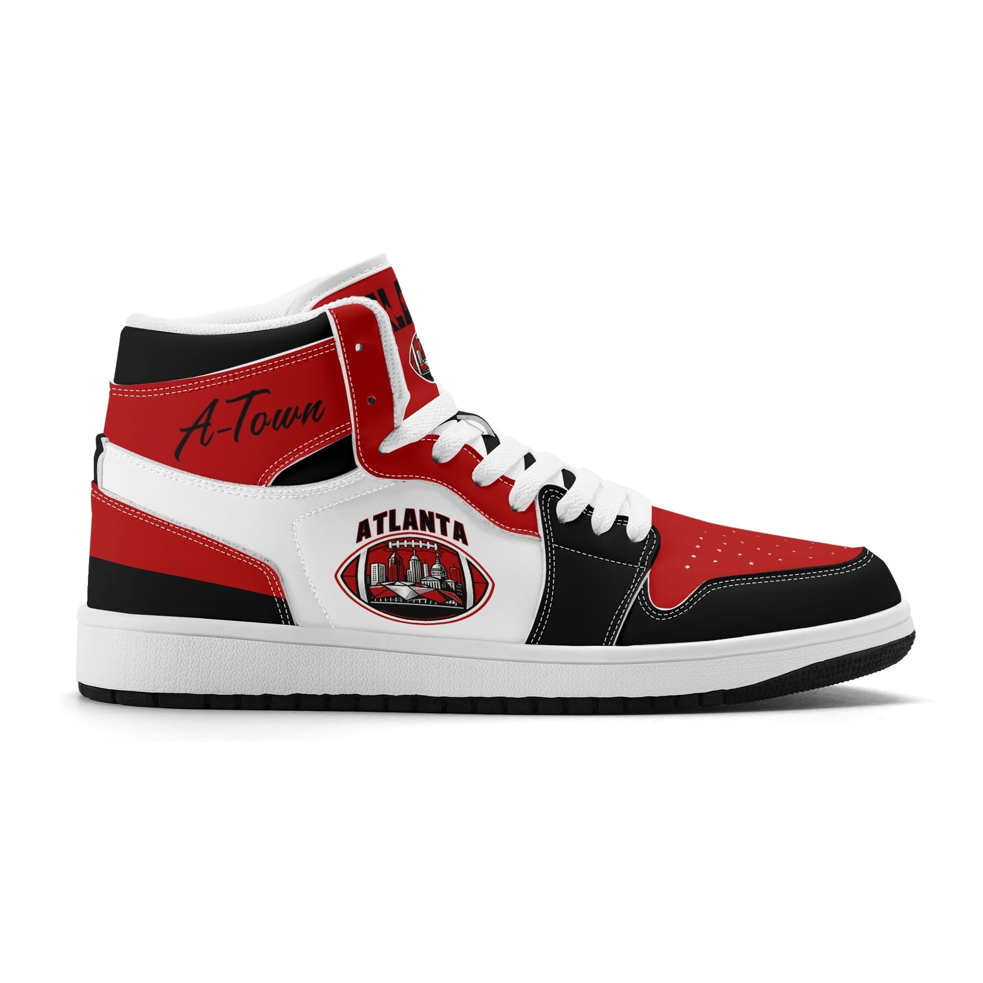 Atlanta football-inspired Jamrock High top sneakers in red, black and white with A-Town script collar and skyline artwork inside a football