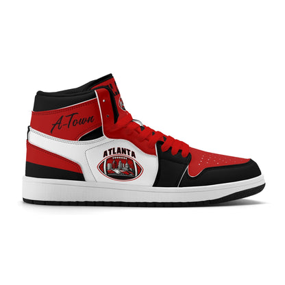 Atlanta football-inspired Jamrock High top sneakers in red, black and white with A-Town script collar and skyline artwork inside a football
