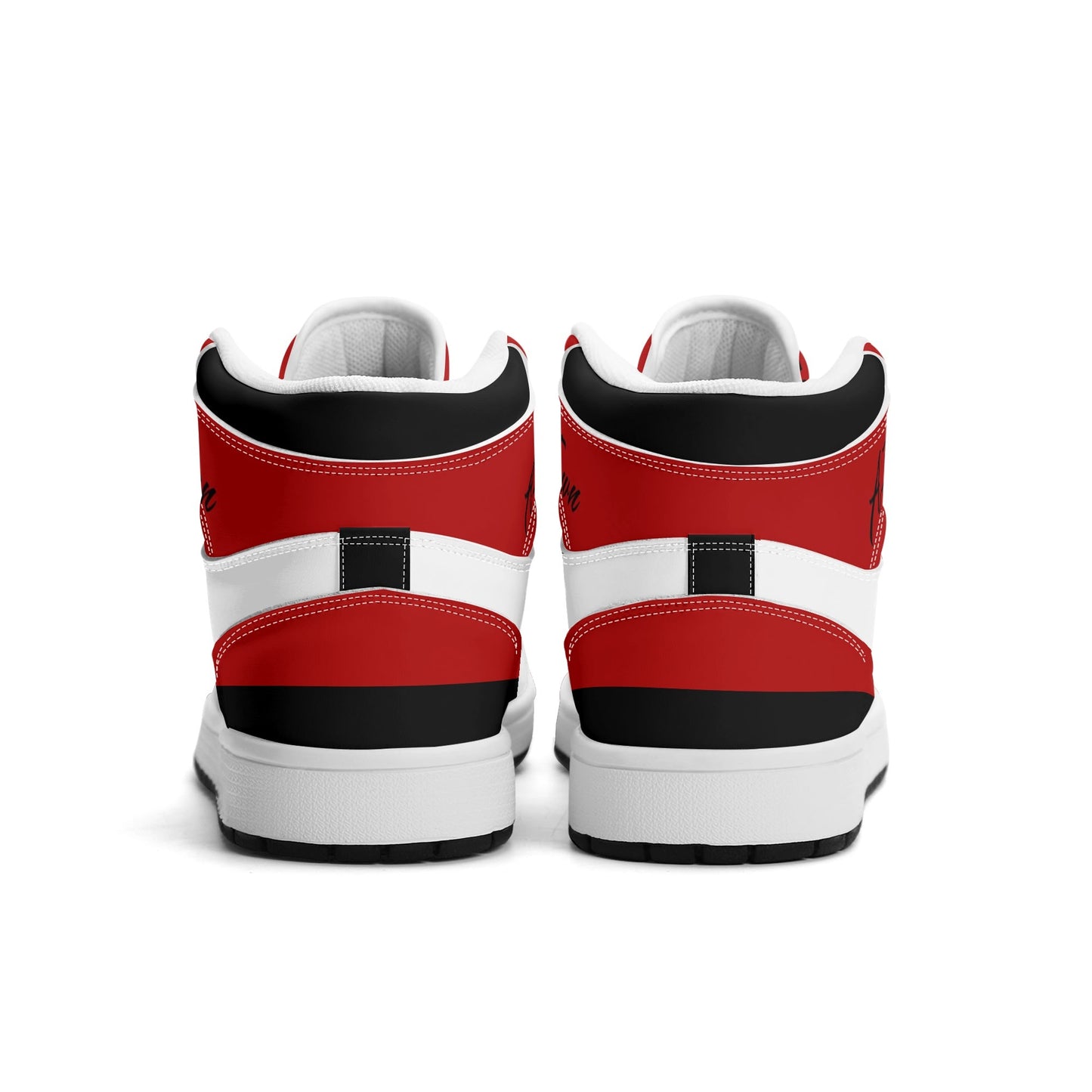 Atlanta football-inspired Jamrock High top sneakers in red, black and white with A-Town script collar and skyline artwork inside a football