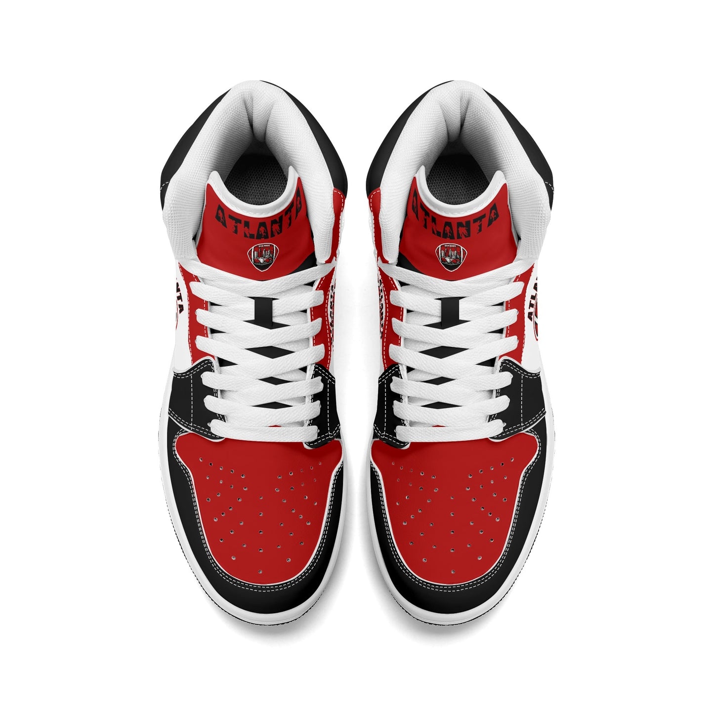 Atlanta football-inspired Jamrock High top sneakers in red, black and white with A-Town script collar and skyline artwork inside a football