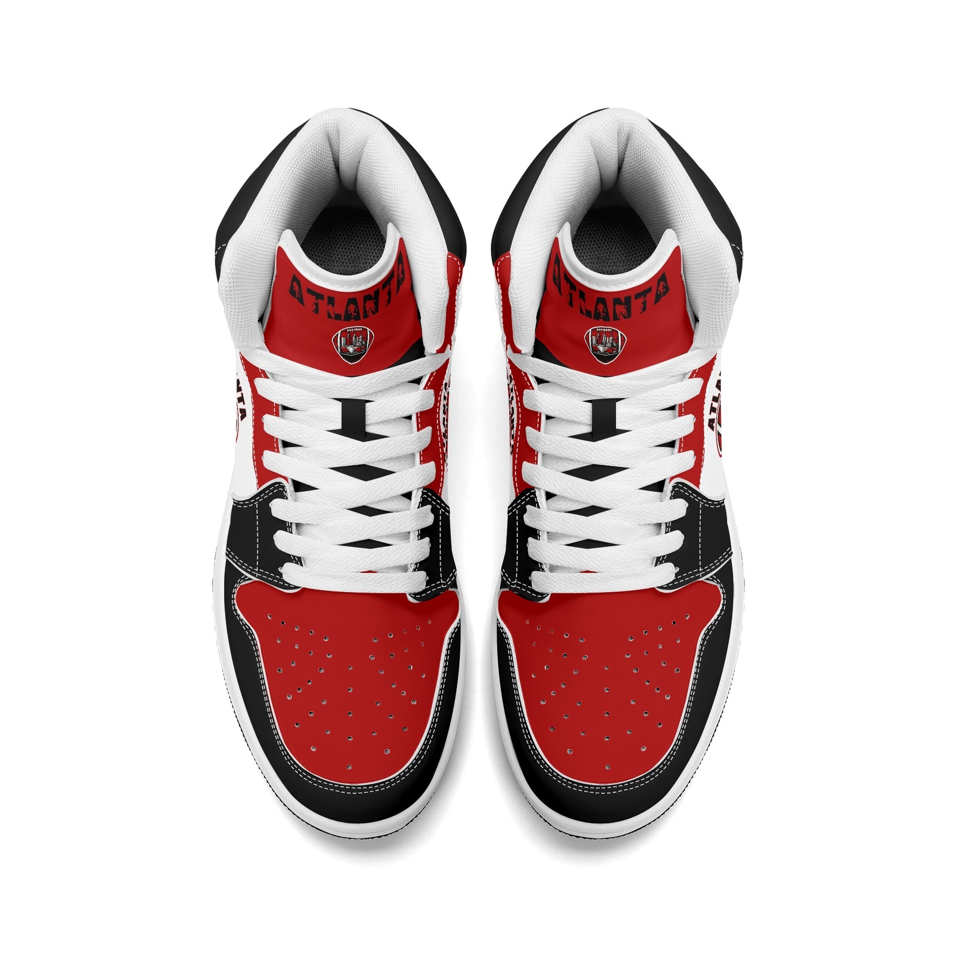 Atlanta football-inspired Jamrock High top sneakers in red, black and white with A-Town script collar and skyline artwork inside a football