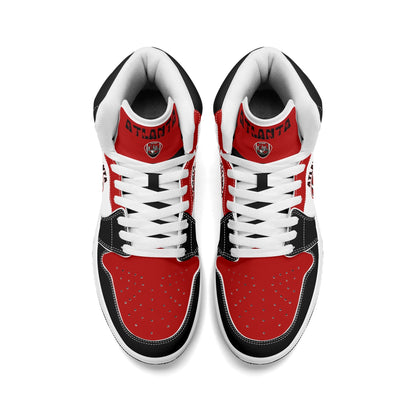 Atlanta football-inspired Jamrock High top sneakers in red, black and white with A-Town script collar and skyline artwork inside a football