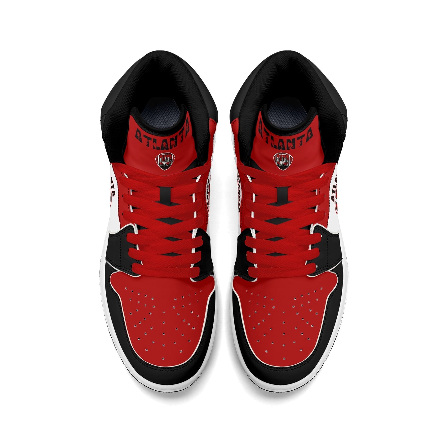 Atlanta football-inspired Jamrock High top sneakers in red, black and white with A-Town script collar and skyline artwork inside a football