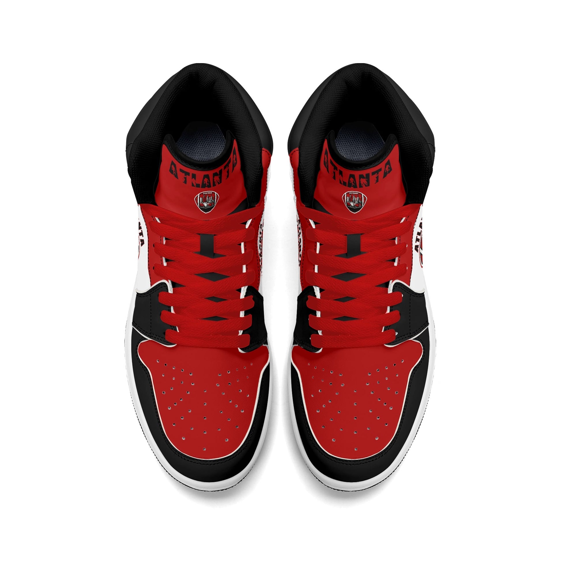 Atlanta football-inspired Jamrock High top sneakers in red, black and white with A-Town script collar and skyline artwork inside a football