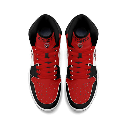 Atlanta football-inspired Jamrock High top sneakers in red, black and white with A-Town script collar and skyline artwork inside a football