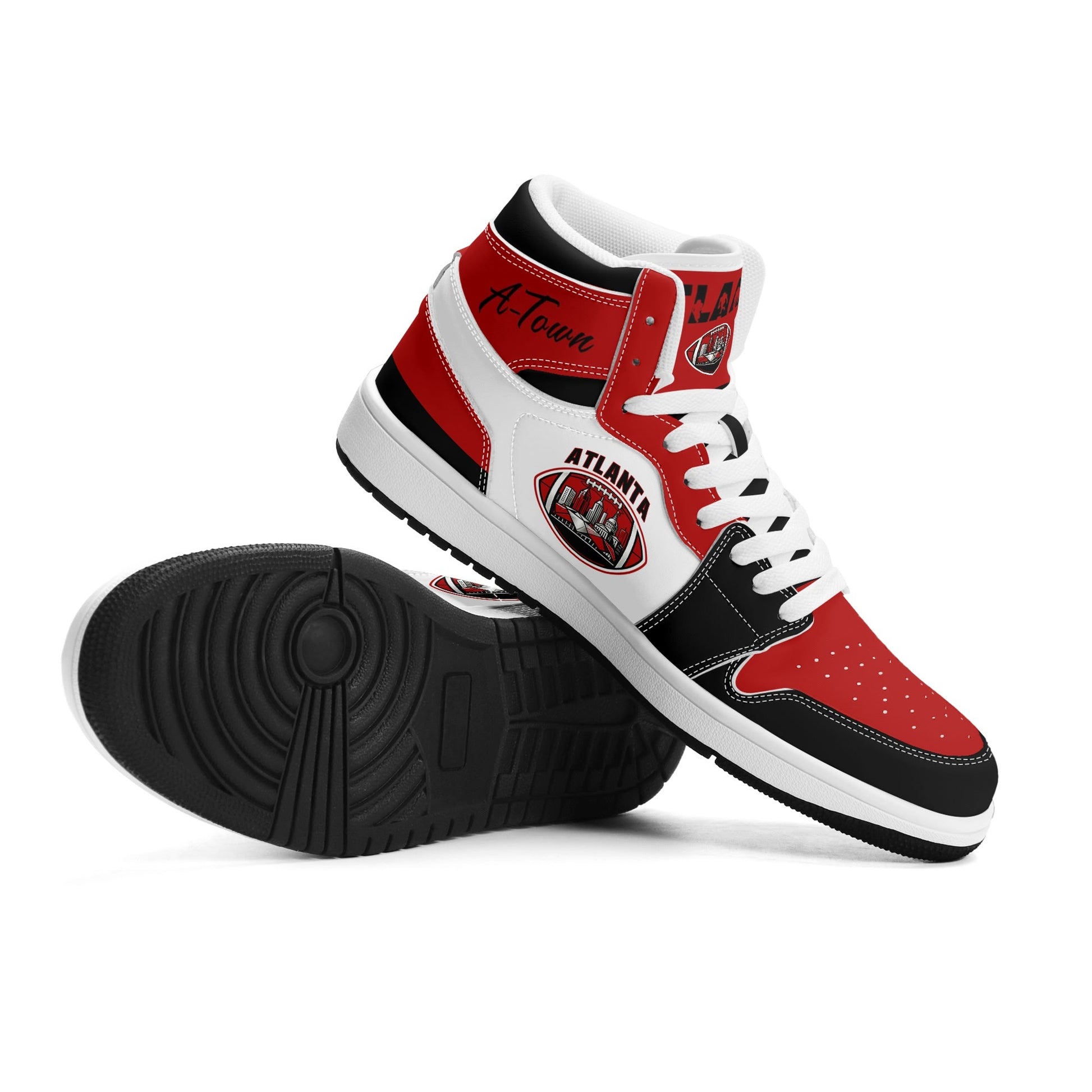 Atlanta football-inspired Jamrock High top sneakers in red, black and white with A-Town script collar and skyline artwork inside a football